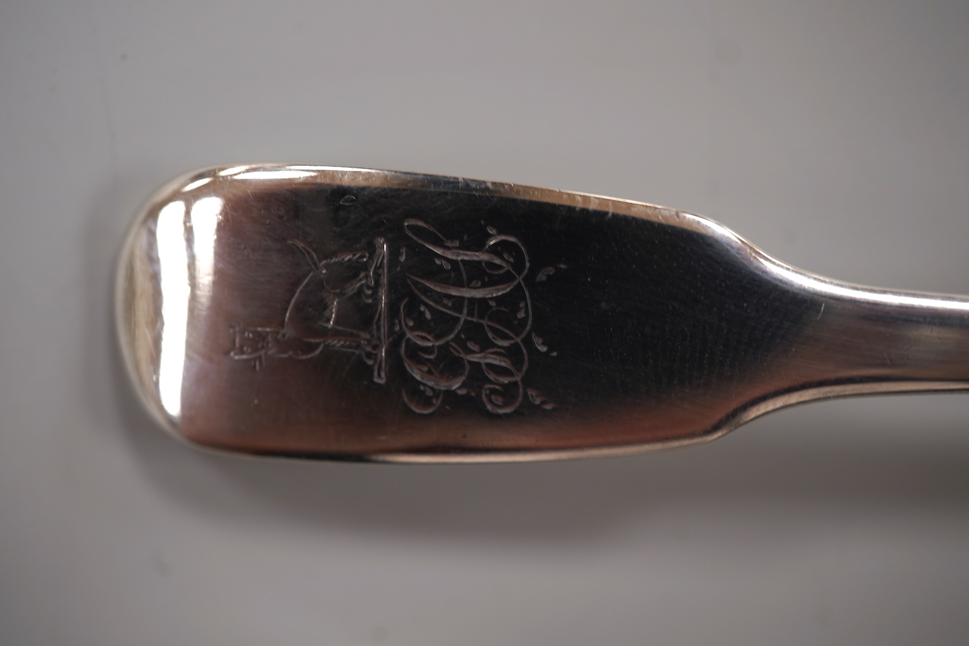 A pair of early Victorian silver cauldron salts, by John Tapley, London, 1838, with later blue glass liners, diameter 94mm, together with a pair of George IV silver Old English pattern condiment spoons, London, 1828.